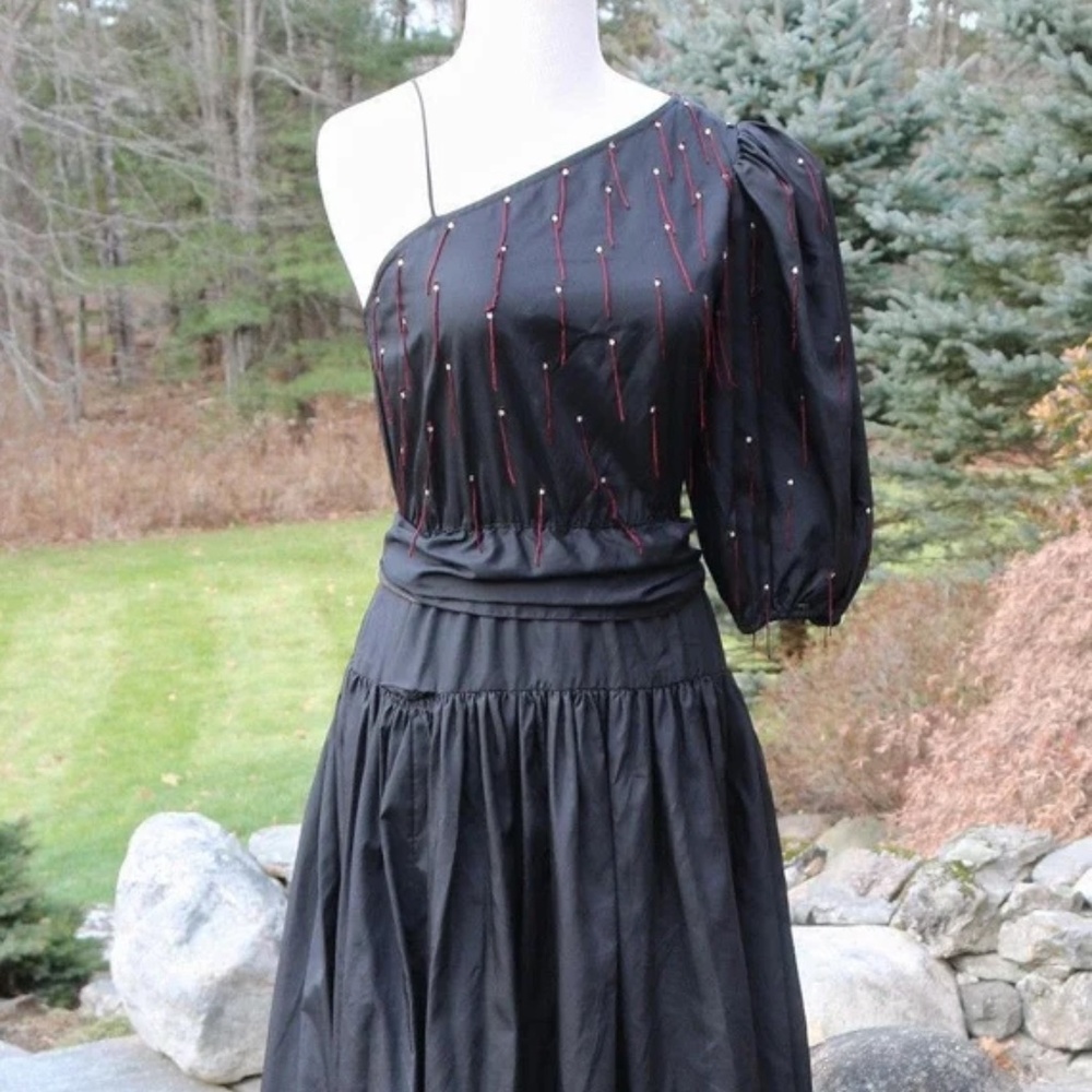 Vintage Lillie Rubin Black One Shoulder Cocktail Dress with Rhinestones
